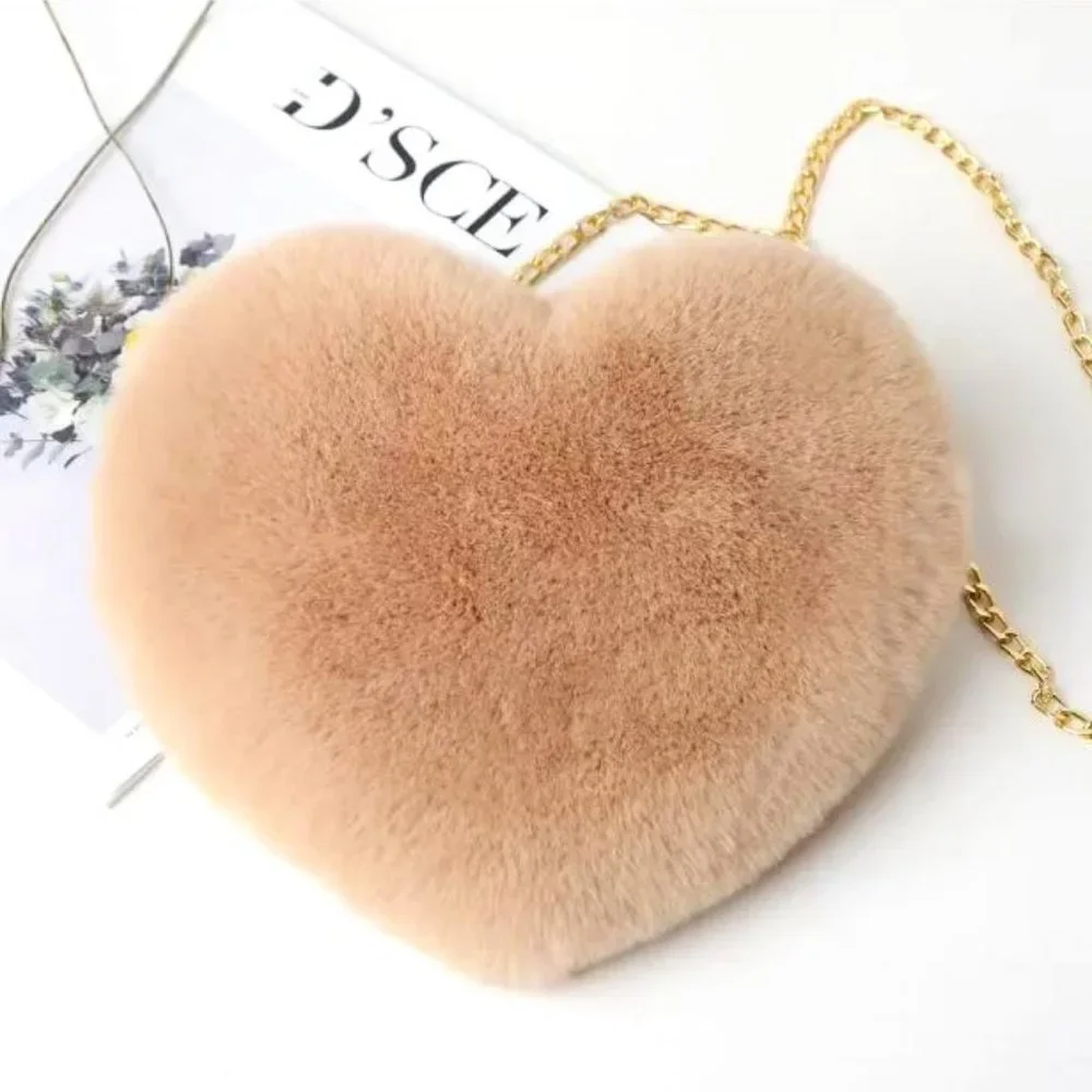 Heart Shaped Plush Women's Chain Crossbody Bag - Khaki - Picture 1 of 1